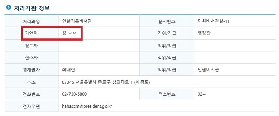 청와대 정보공개청구 처리 담당 기안자 담당 정보 